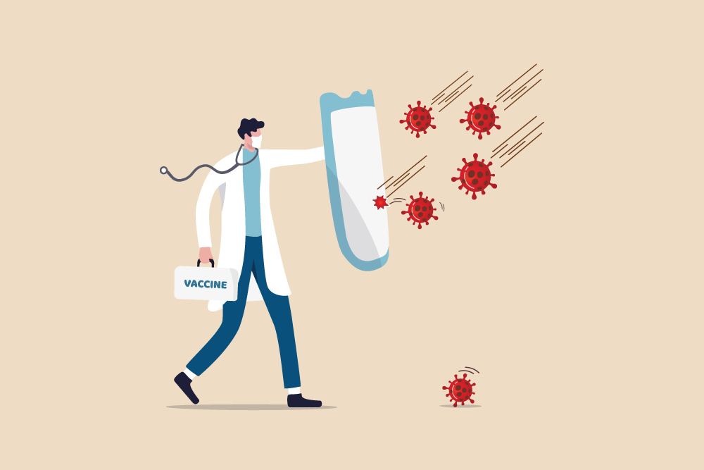 Man wearing mask, carrying sheild, "fighting off" virus illustration